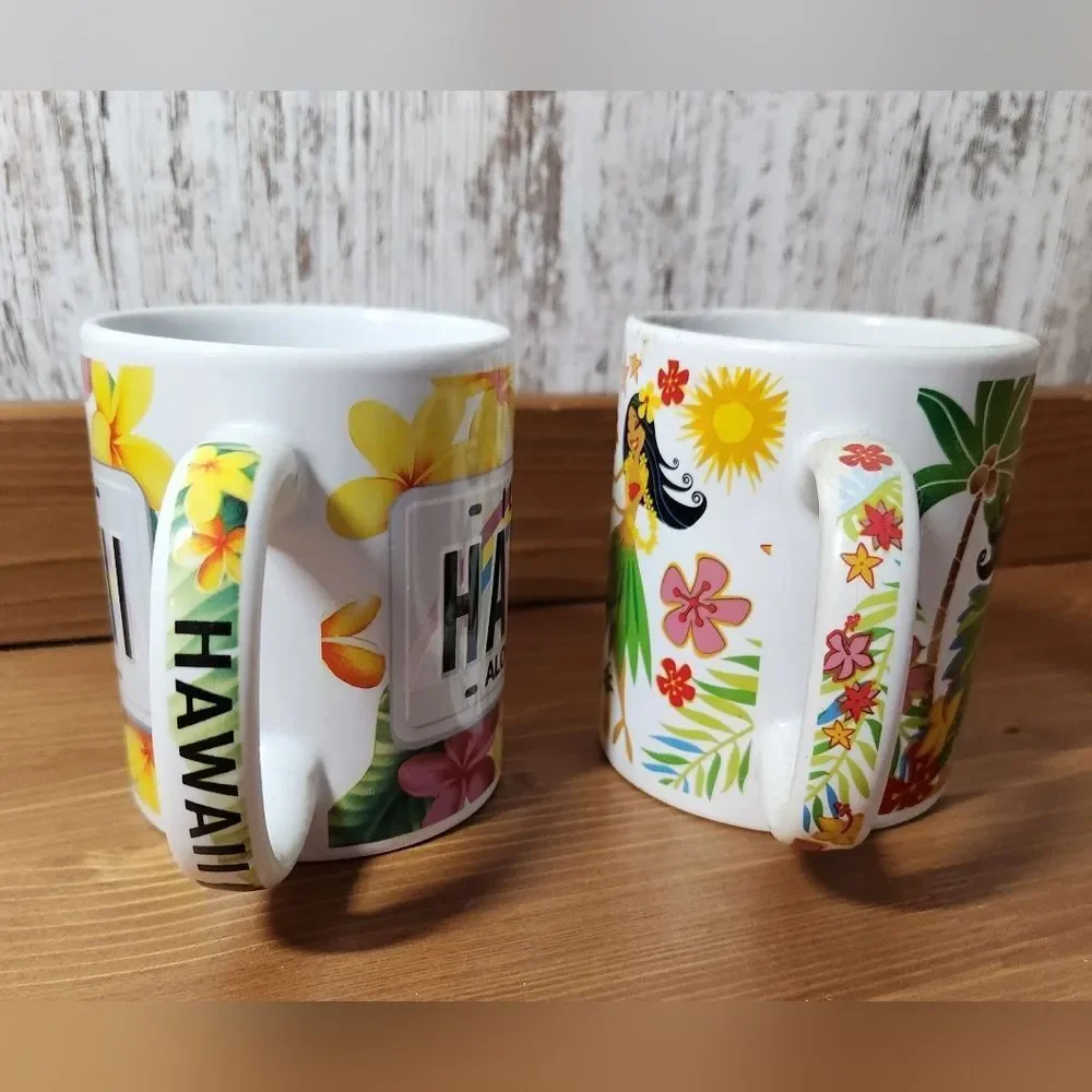 Hawaii Aloha State & Floral Hulu Girl Coffee Mug Set